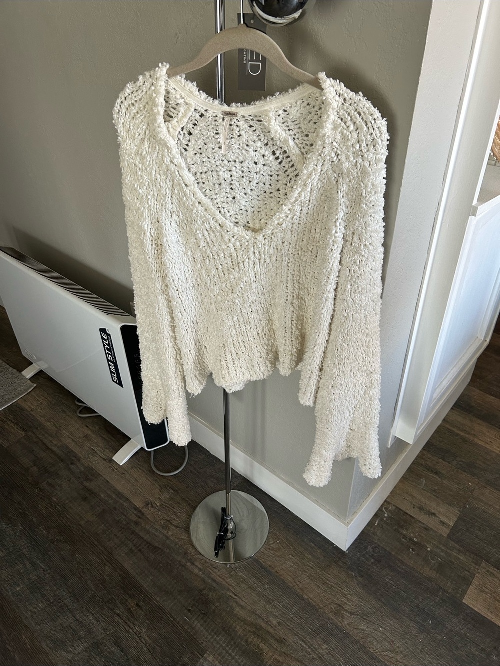 Free People Cream Textured Cotton Knit V-Neck Sweater
